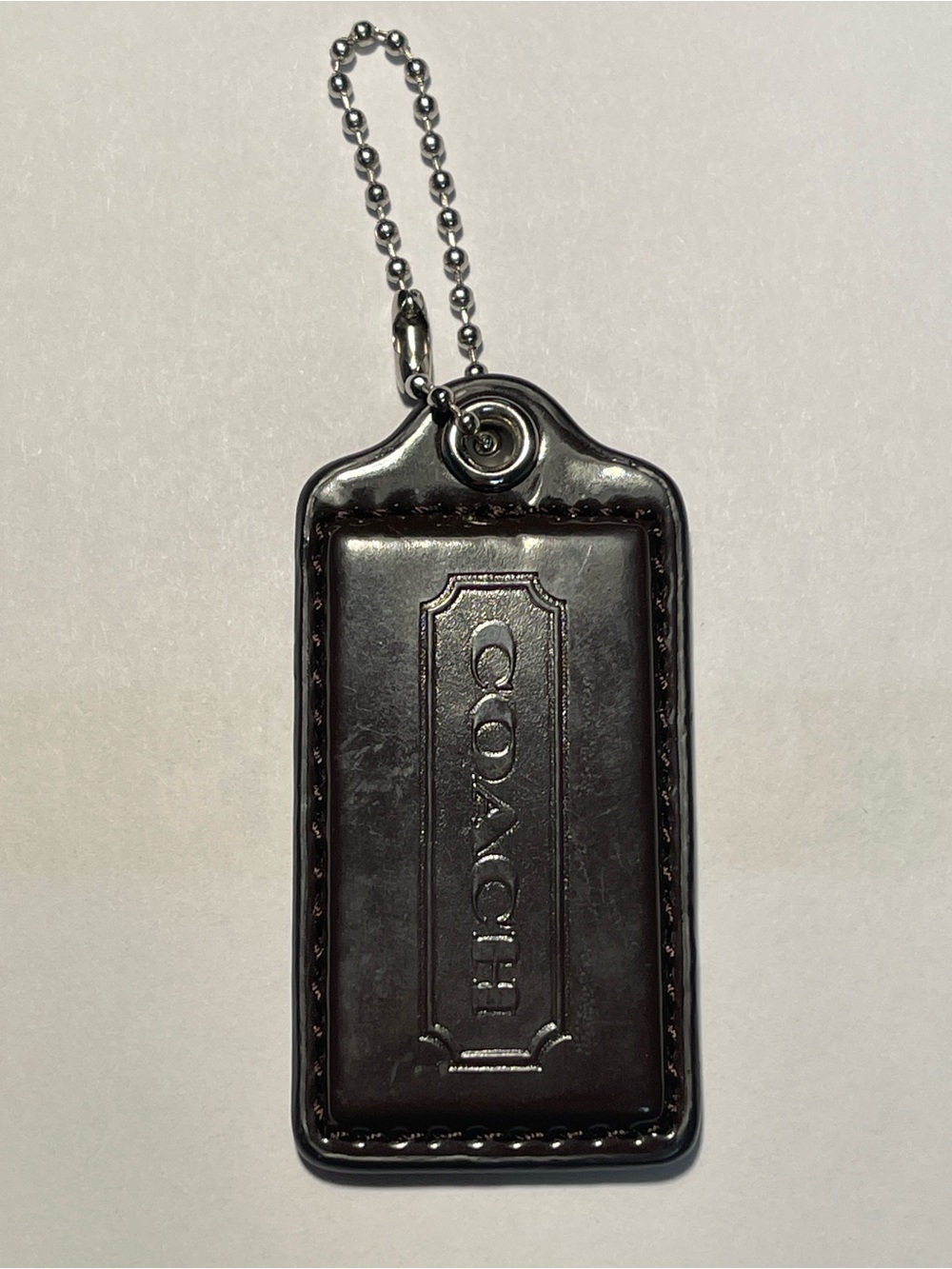 Coach Dark Brown Leather Rectangular Hang Tag with Silver Ball Chain